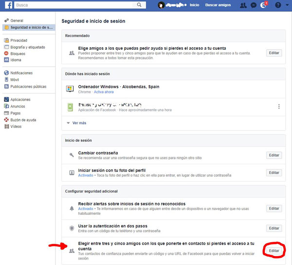 Facebook amigos de confianza